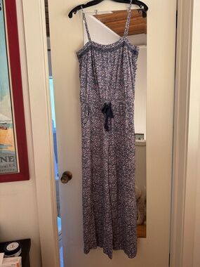 Floral Navy Spaghetti-Strap Jumpsuit with Drawstring Waist
